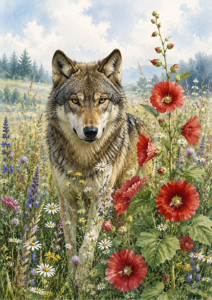 Rice Paper For Decoupage Wolf in the Floral Meadow Full  Cat. No. 10211