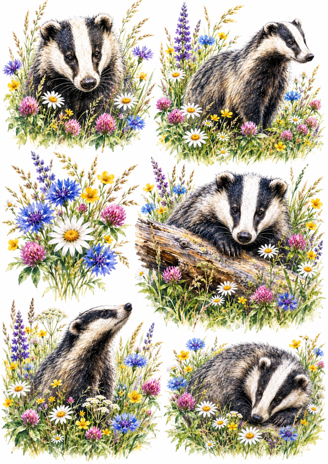 Rice Paper For Decoupage Badger in a Meadow Collage  Cat. No. 10218