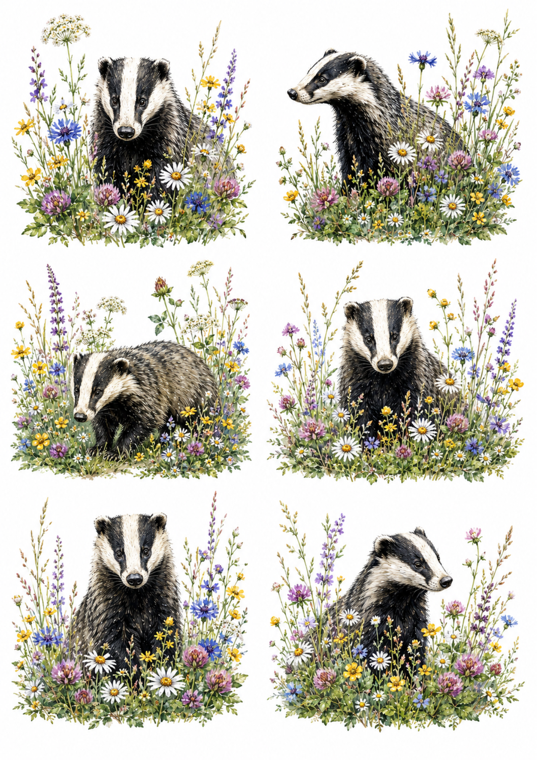 Rice Paper For Decoupage Badger in a Floral Meadow Collage  Cat. No. 10219