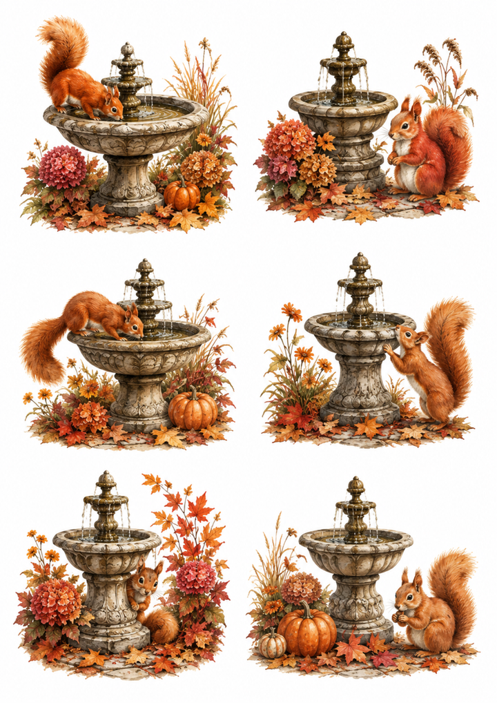 Rice Paper For Decoupage Thirsty Squirrel in the Garden Fontaine Collage  Cat. No. 10231