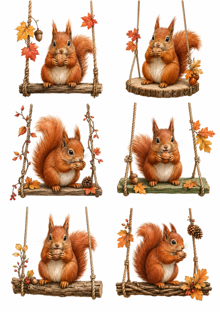 Rice Paper For Decoupage Squirrel on a Swing Collage  Cat. No. 10232