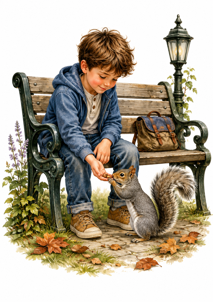 Rice Paper For Decoupage Boy &amp; Squirrel at Park  Collage Cat. No. 10235