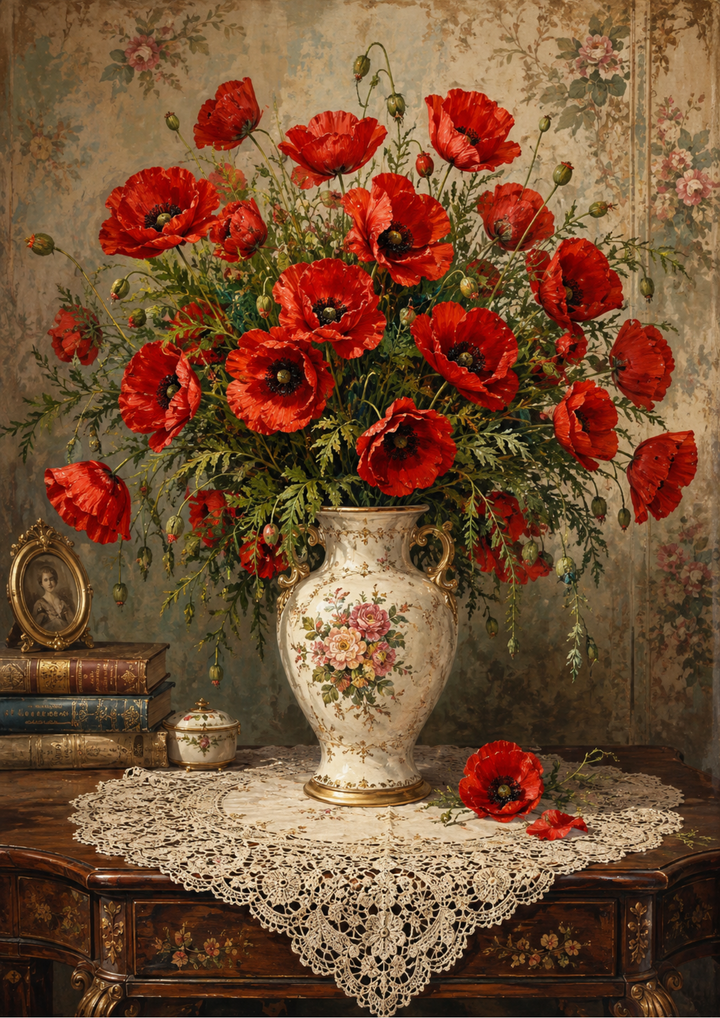Rice Paper For Decoupage Red Poppies in Vase Full Cat. No. 10246