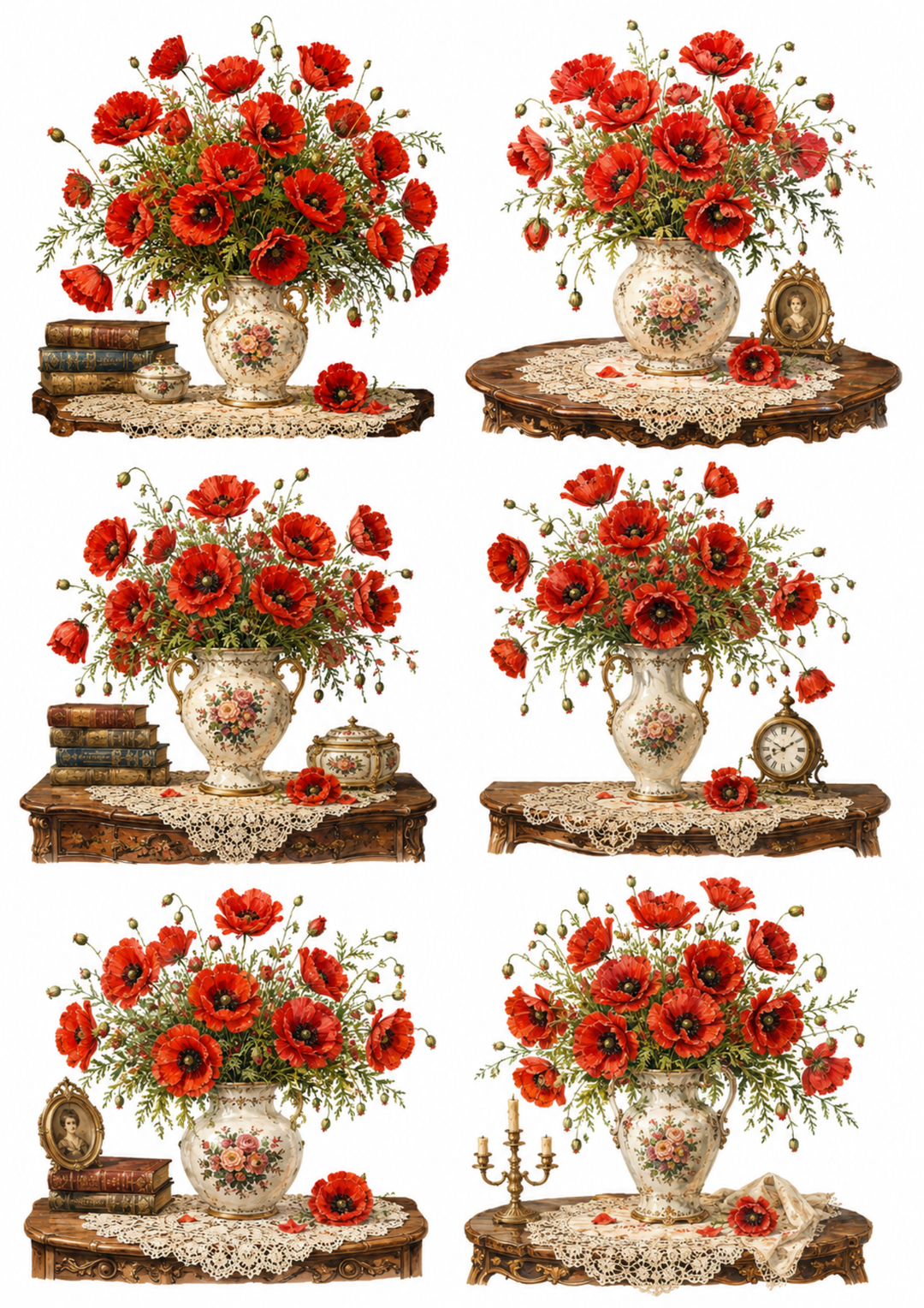 Rice Paper For Decoupage Red Poppies in Vase Collage Cat. No. 10247