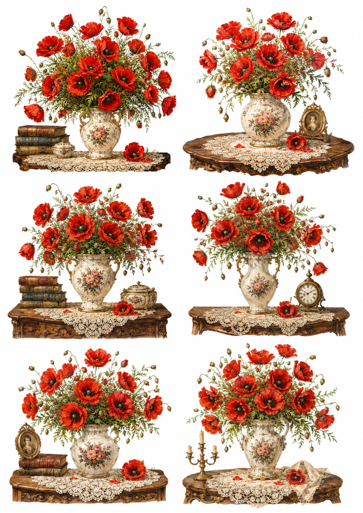Rice Paper For Decoupage Red Poppies in Vase Collage Cat. No. 10247