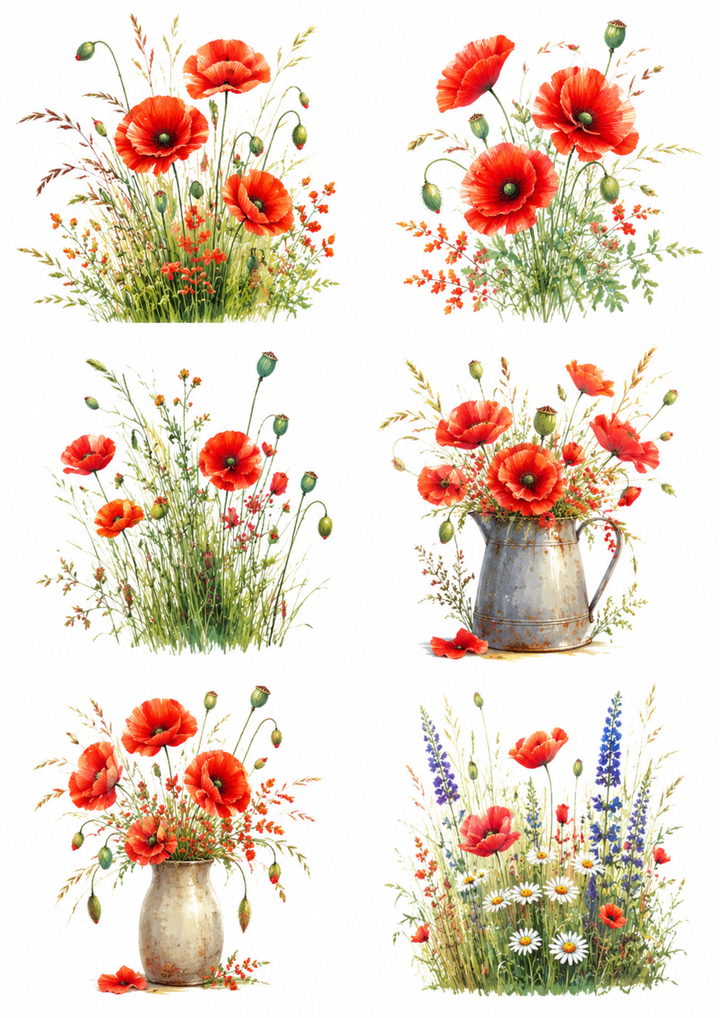 Rice Paper For Decoupage Red Poppy Collage Cat. No. 10249