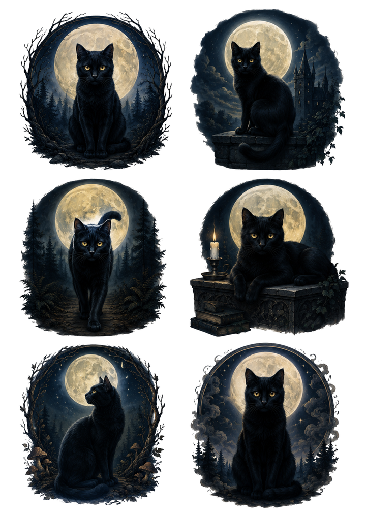 Rice Paper For Decoupage Black Mystical Cat  Collage Cat. No. 10251