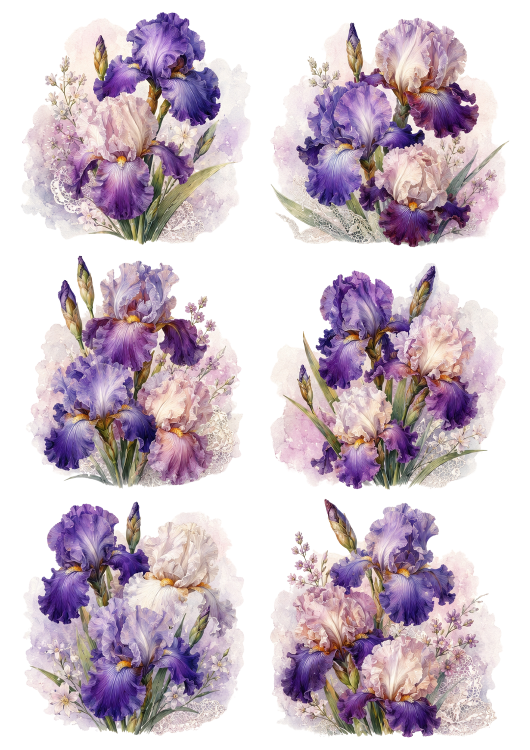 Rice Paper For Decoupage Purple Pastel Iris  Collage Cat. No. 10255