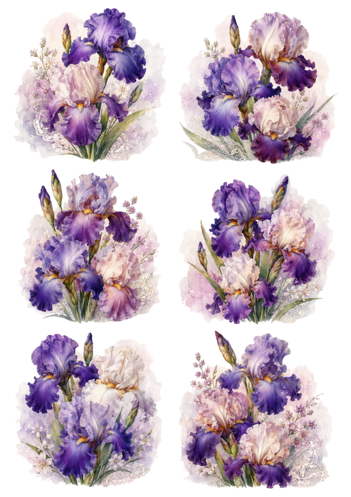 Rice Paper For Decoupage Purple Pastel Iris  Collage Cat. No. 10255