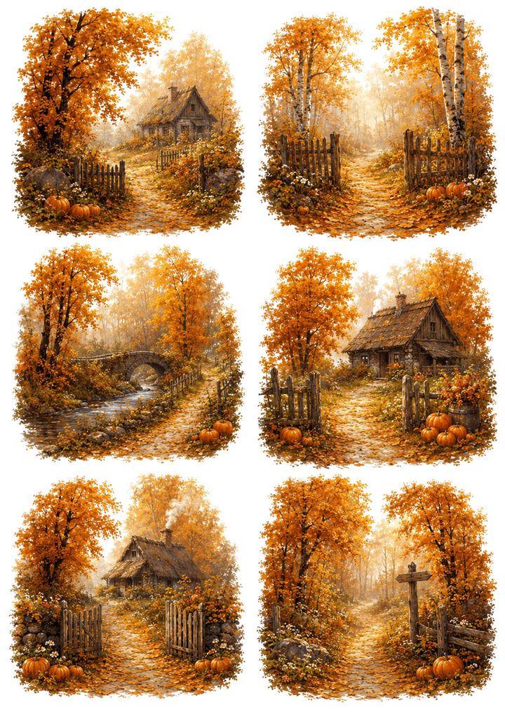 Rice Paper For Decoupage Autumn Village Collage Cat. No. 10260