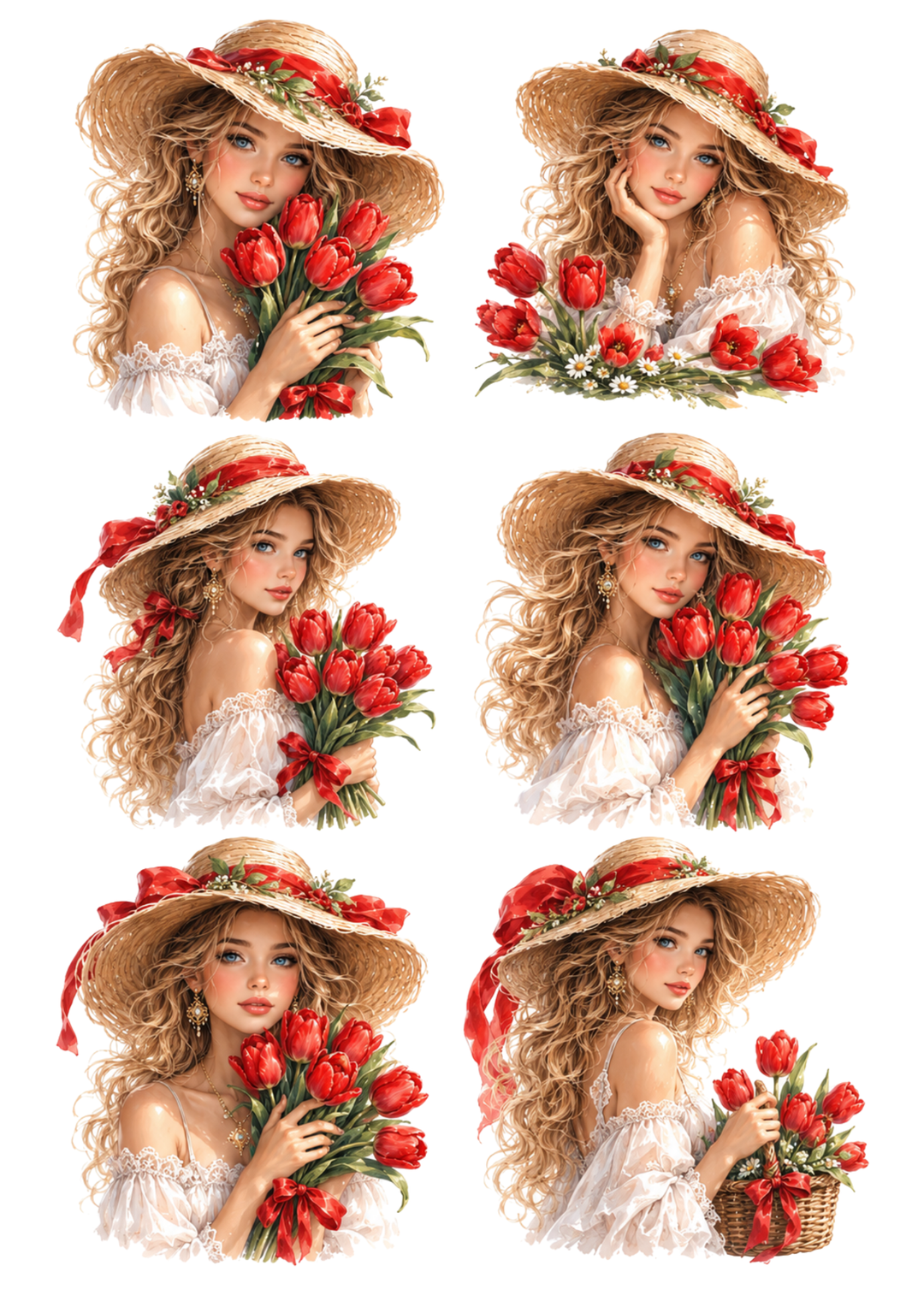 Rice Paper For Decoupage Romantic Girl with Tulips Collage Cat. No. 10291
