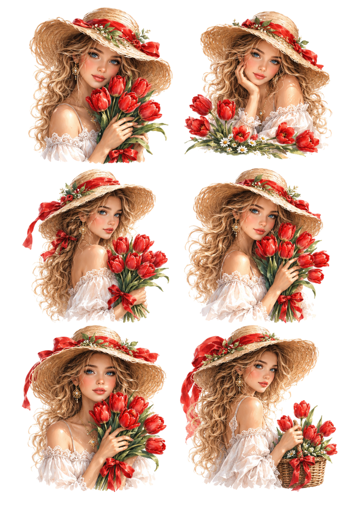 Rice Paper For Decoupage Romantic Girl with Tulips Collage Cat. No. 10291