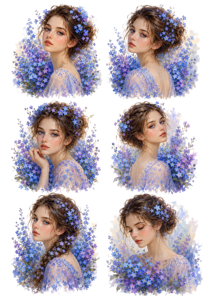 Rice Paper For Decoupage Romantic Blue Floral Girl Portrait Collage Cat. No. 10294