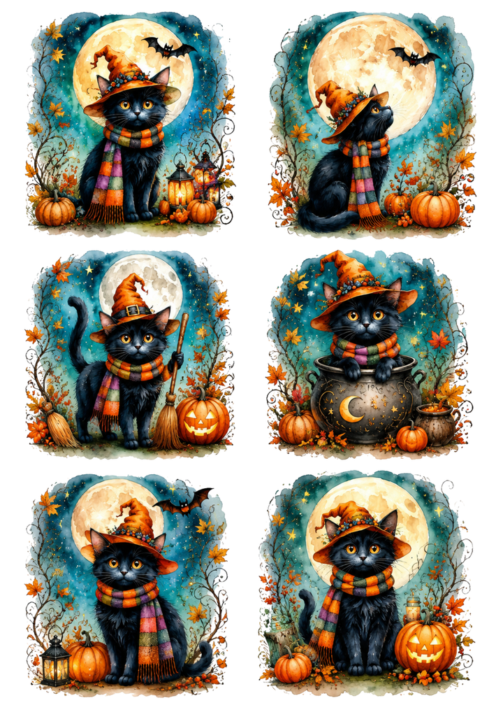 Rice Paper For Decoupage Halloween Mystical Cat  Collage Cat. No. 10299