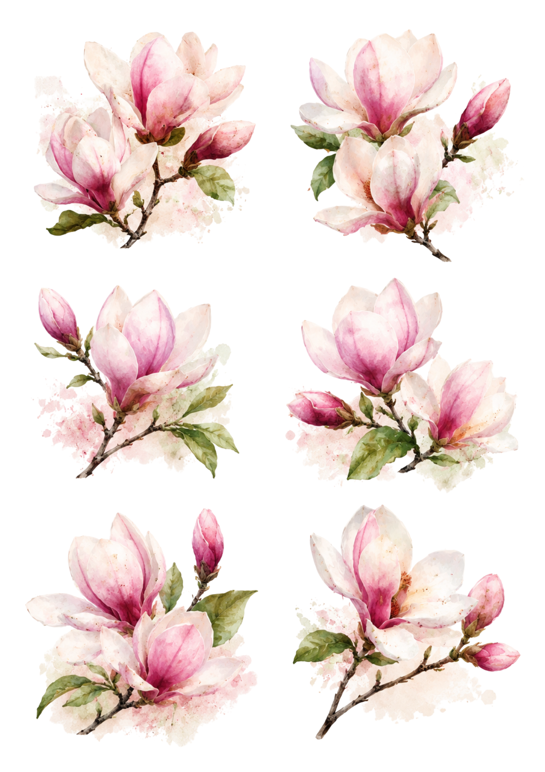 Rice Paper For Decoupage Pink Pastel Magnolia Flowers Collage Cat. No. 10313