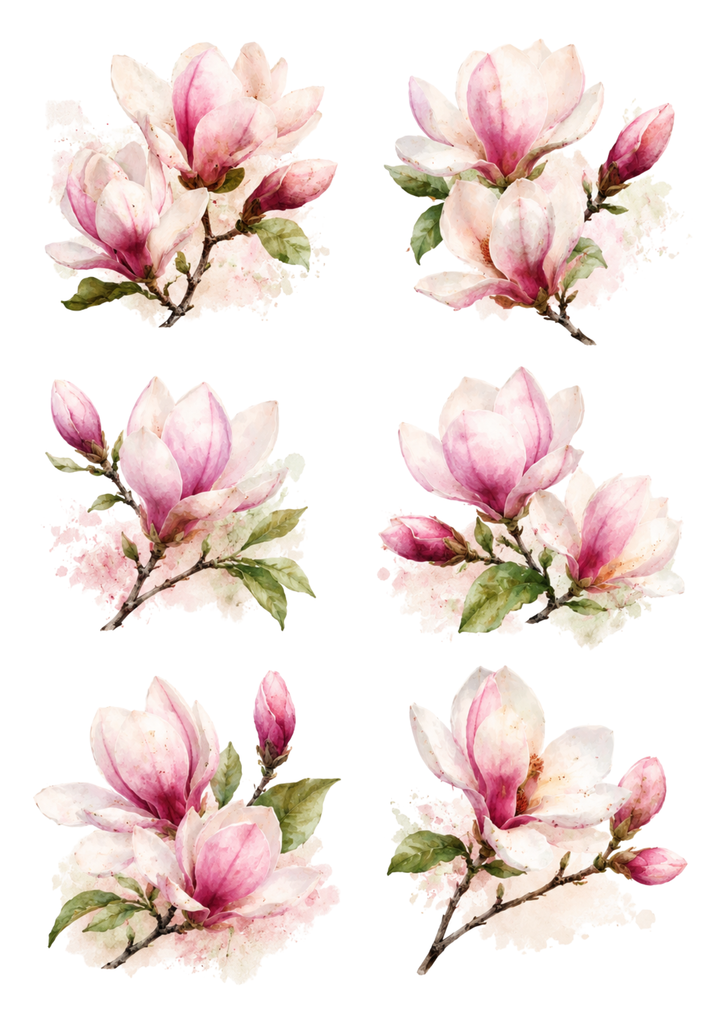Rice Paper For Decoupage Pink Pastel Magnolia Flowers Collage Cat. No. 10313