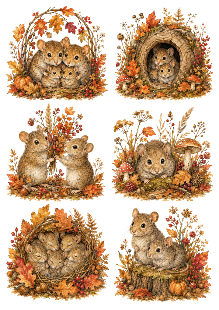 Rice Paper For Decoupage Mouse Family Nest in Autumn Forest Collage Cat. No. 10316