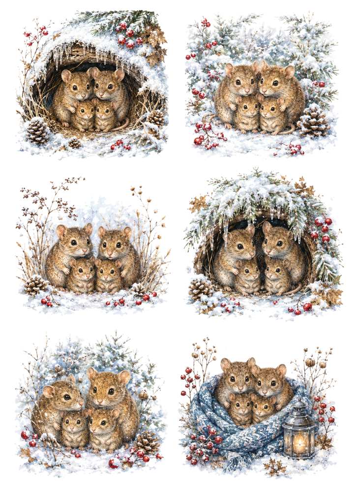 Rice Paper For Decoupage Cozy Winter Mouse Family Burrow Collage Cat. No. 10319