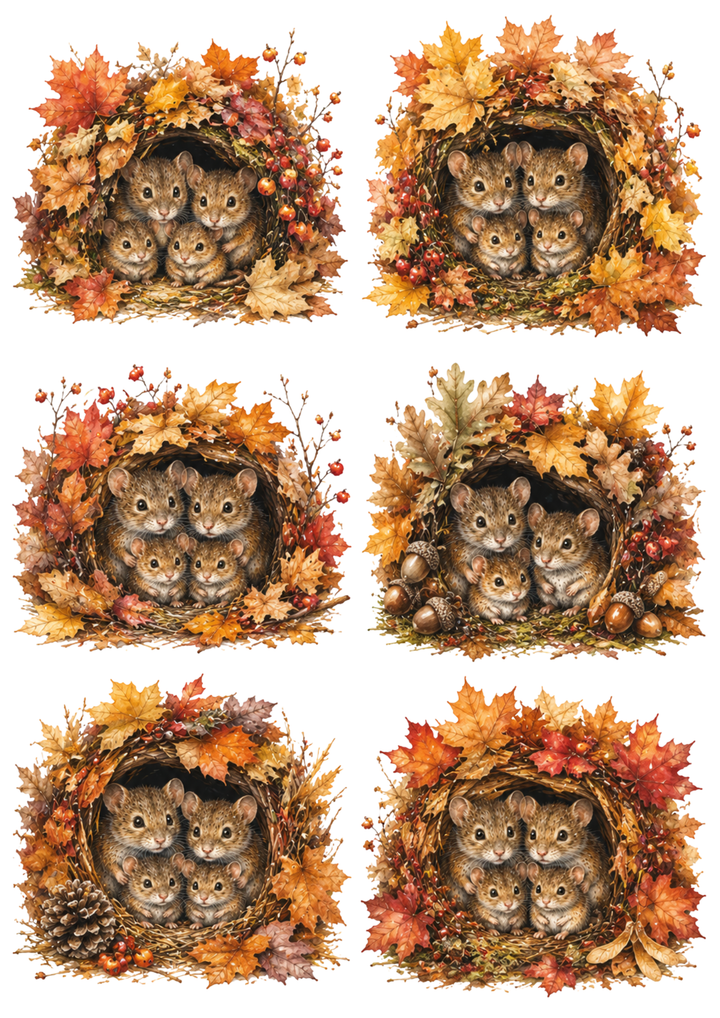 Rice Paper For Decoupage Cozy Autumn Mouse Family Burrow Collage Cat. No. 10320