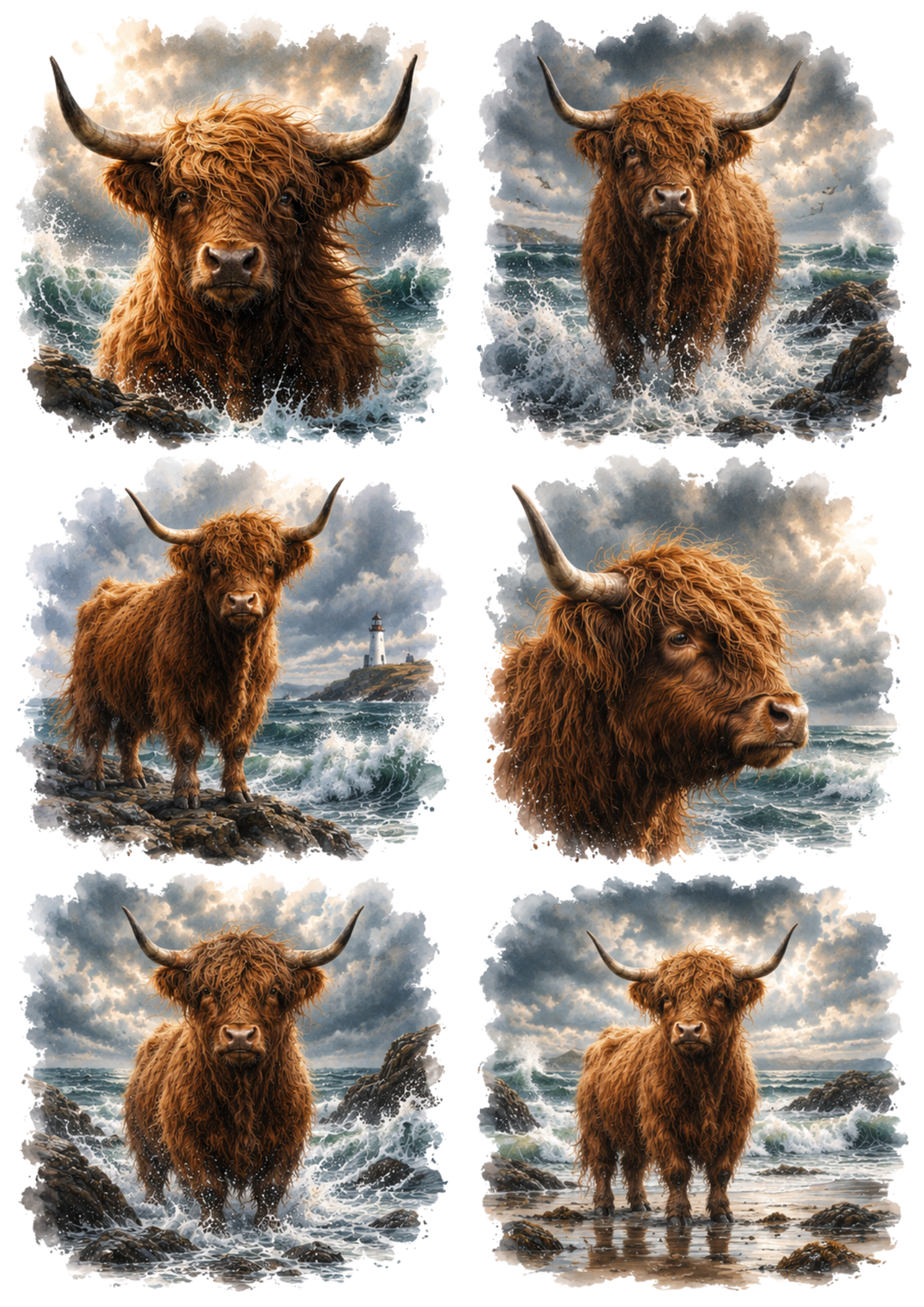 Rice Paper For Decoupage Dramatic Ocean &amp; Highland Cow Collage Cat. No. 10327