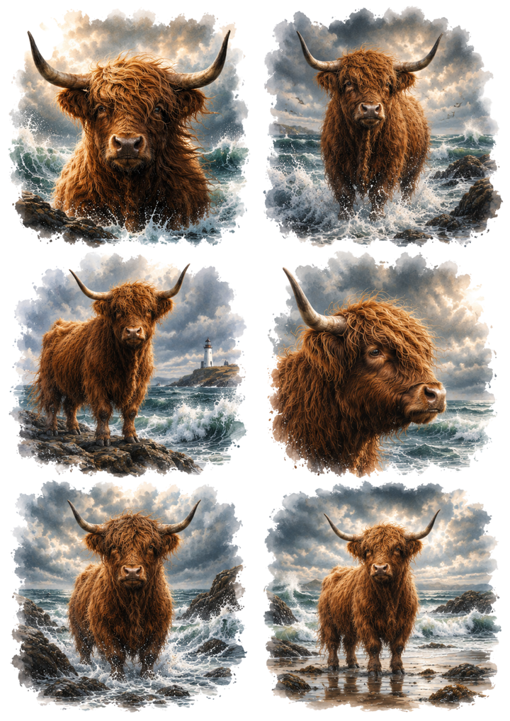 Rice Paper For Decoupage Dramatic Ocean &amp; Highland Cow Collage Cat. No. 10327