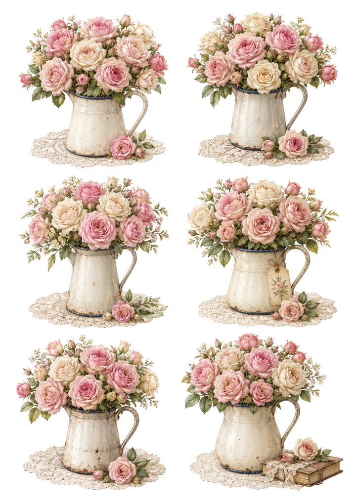 Rice Paper For Decoupage Pink Roses Jug Collage Cat. No. 10331