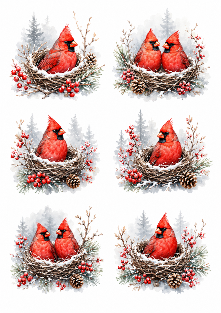 Rice Paper For Decoupage Winter Cardinals Nest Collage Cat. No. 10333