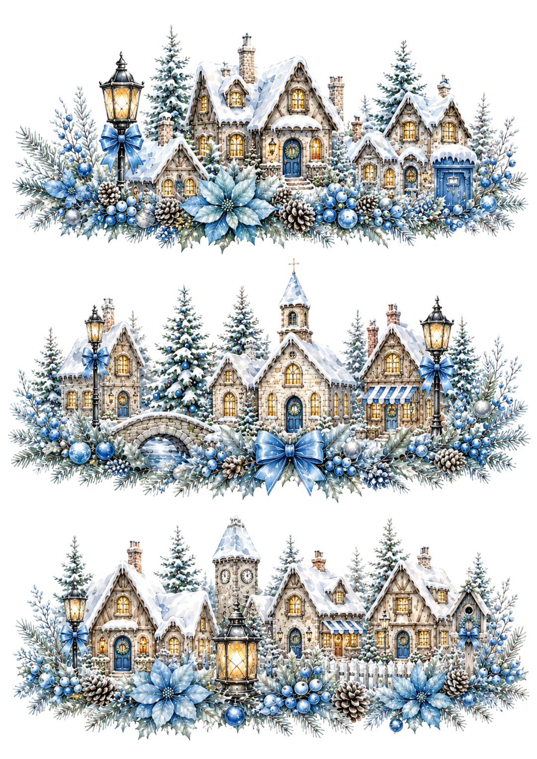Rice Paper For Decoupage Christmas Town Garlands in Blue Tones Collage Cat. No. 10340