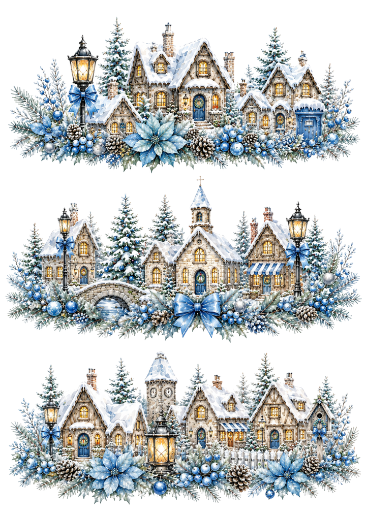 Rice Paper For Decoupage Christmas Town Garlands in Blue Tones Collage Cat. No. 10340