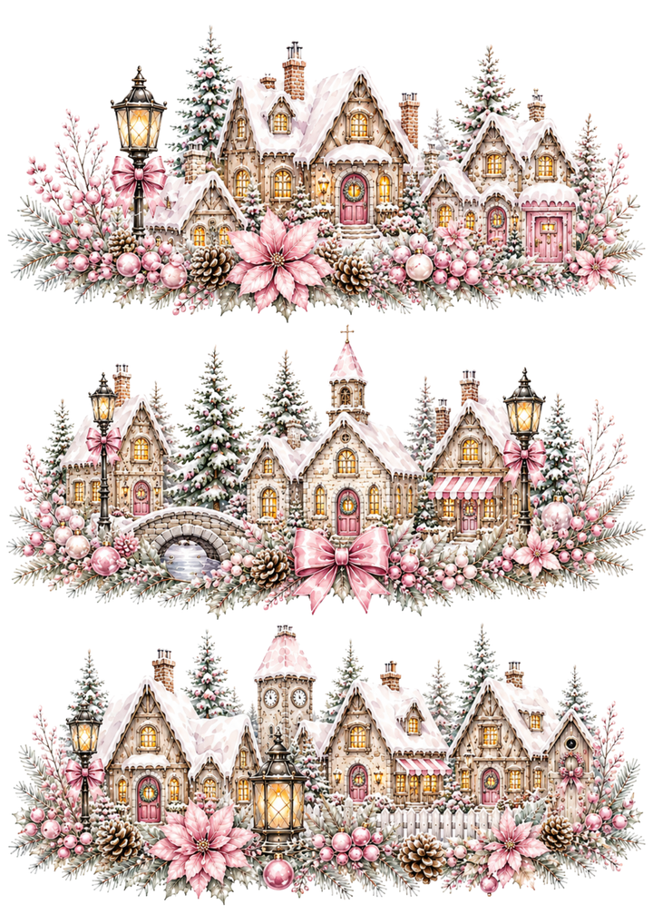Rice Paper For Decoupage Christmas Town Garlands in Pink Tones Collage Cat. No. 10341