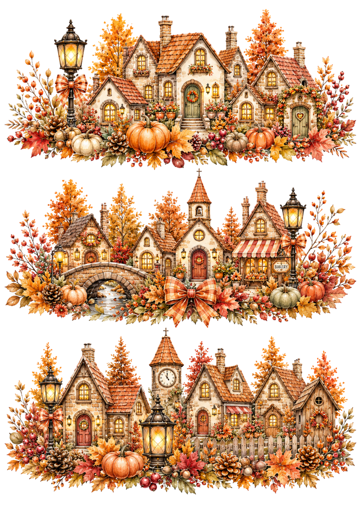Rice Paper For Decoupage Autumn Town Garlands  Tones Collage Cat. No. 10342