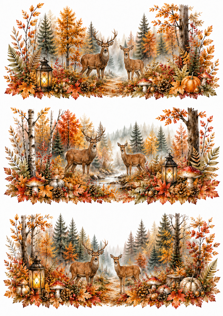 Rice Paper For Decoupage Misty Autumn Forest &amp; Deer Family Collage Cat. No. 10344