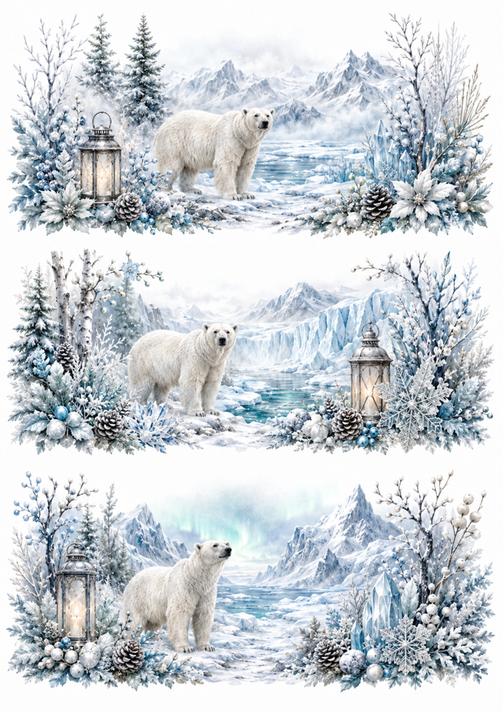 Rice Paper For Decoupage Polar Bear Arctic Wonderland Collage Cat. No. 10345
