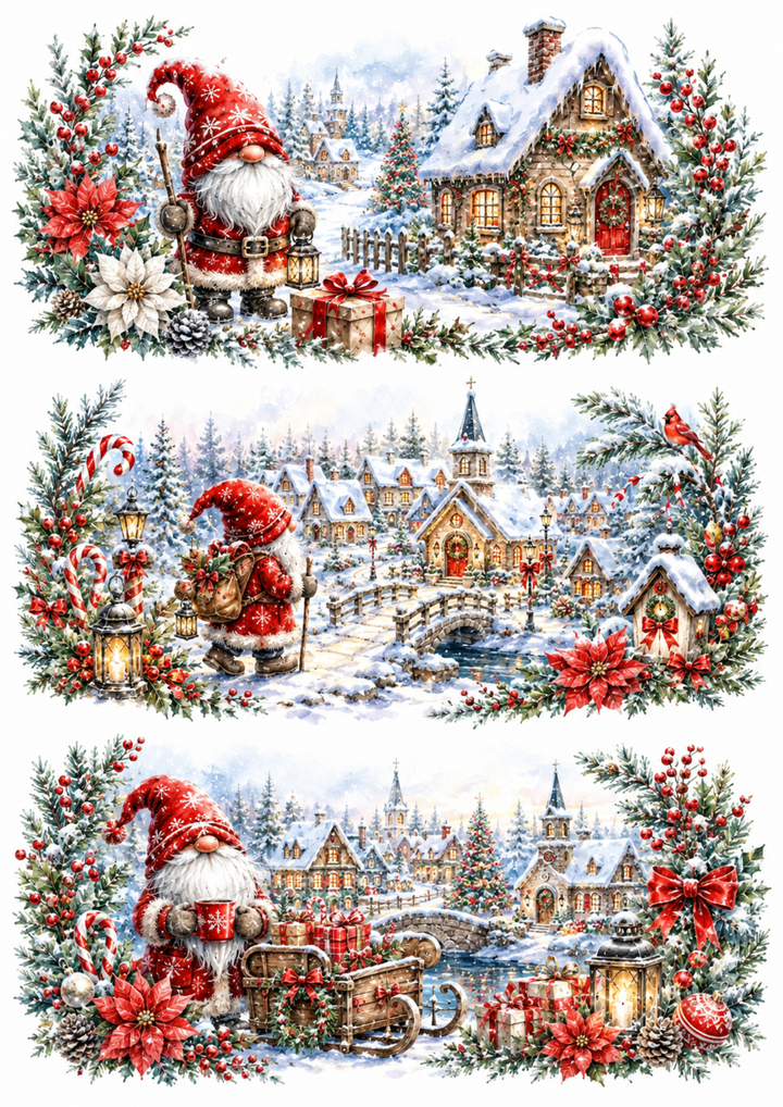 Rice Paper For Decoupage Whimsical Gnome Christmas Village Triptych Collage Cat. No. 10346