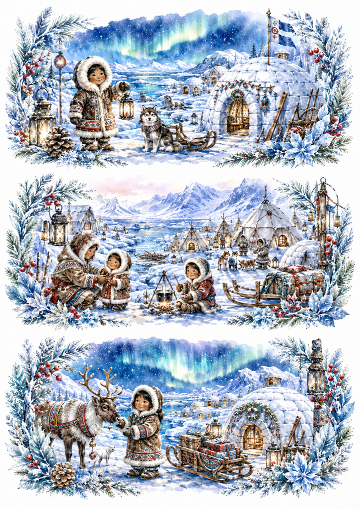 Rice Paper For Decoupage Whimsical Inuit Christmas Village Triptych Collage Cat. No. 10347