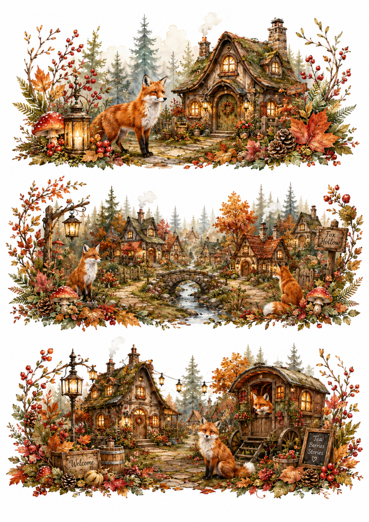 Rice Paper For Decoupage Enchanted Fox Hollow Village Vignettes  Collage Cat. No. 10349