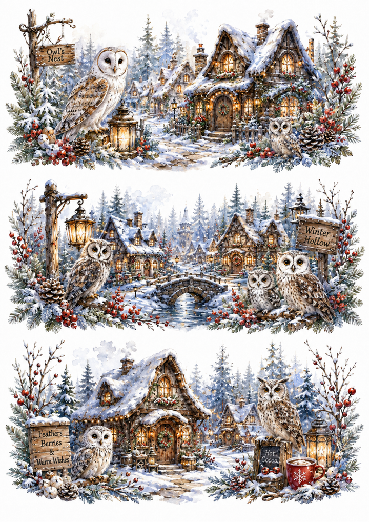 Rice Paper For Decoupage Whimsical Owl Village Winter Triptych Collage Cat. No. 10350
