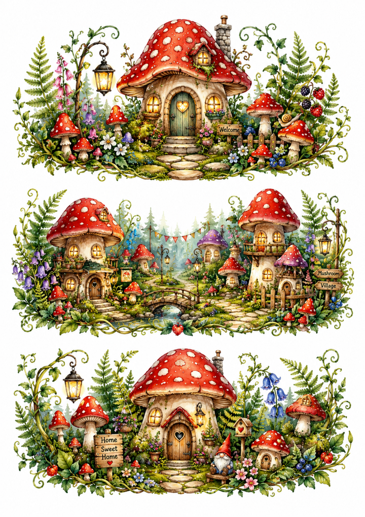 Rice Paper For Decoupage  Enchanted Mushroom Village Triptych Collage Cat. No. 10351