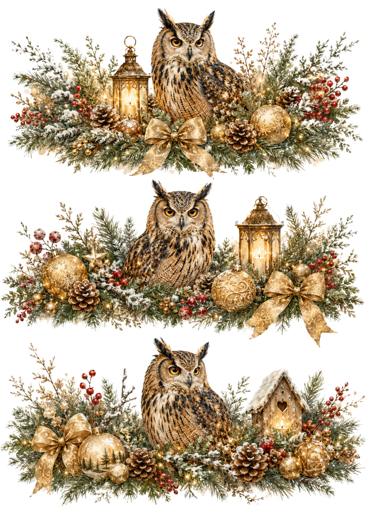Rice Paper For Decoupage  Snowy Owl Christmas Garlands  Collage Cat. No. 10362
