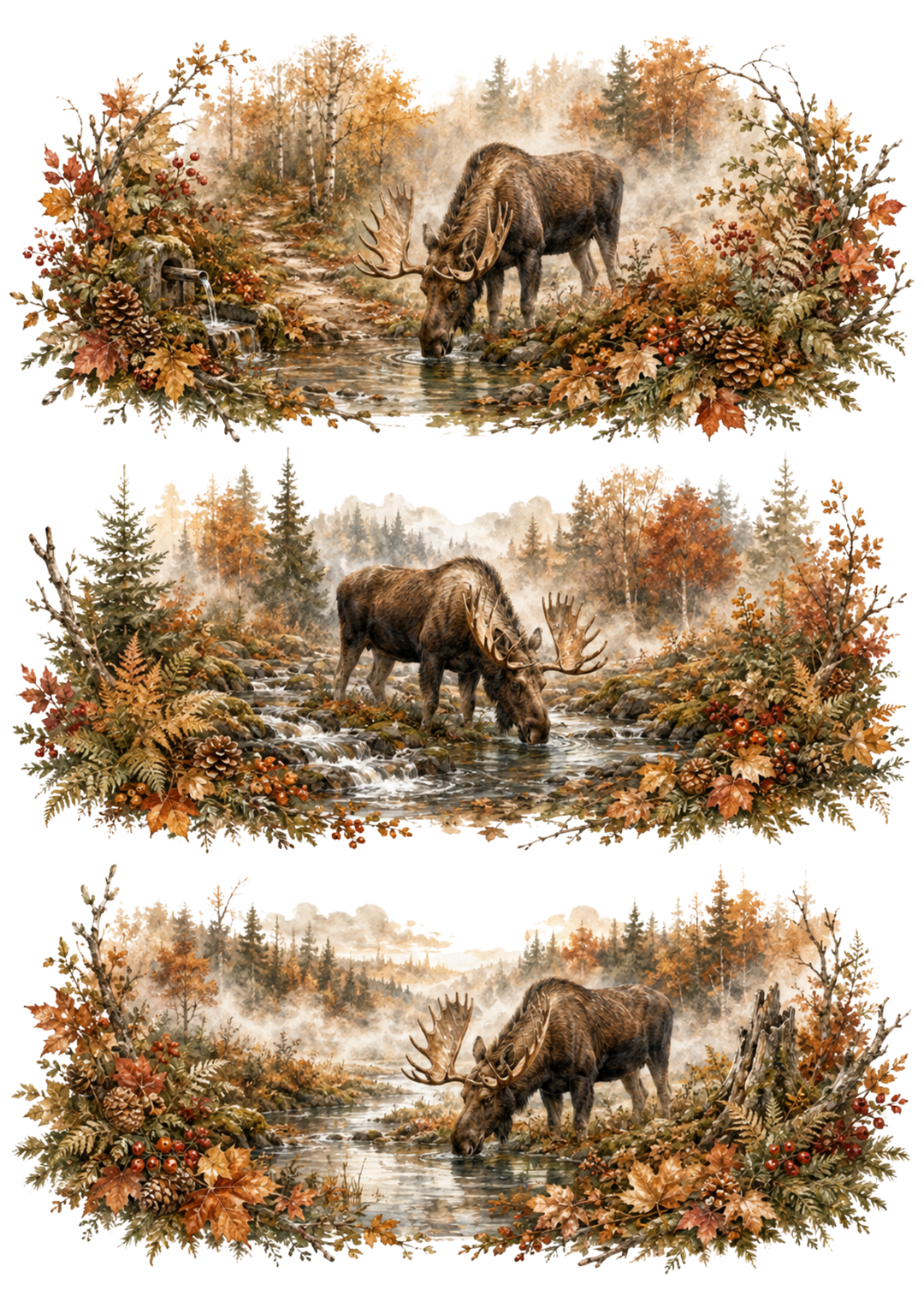 Rice Paper For Decoupage Autumn Moose in the Forest Collage Cat. No. 10363