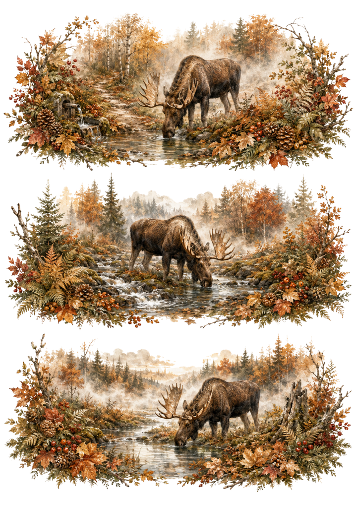 Rice Paper For Decoupage Autumn Moose in the Forest Collage Cat. No. 10363