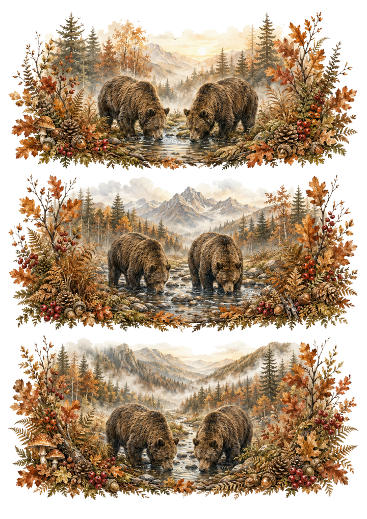 Rice Paper For Decoupage  Autumn Bear Family Forest Vignettes Collage Cat. No. 10365