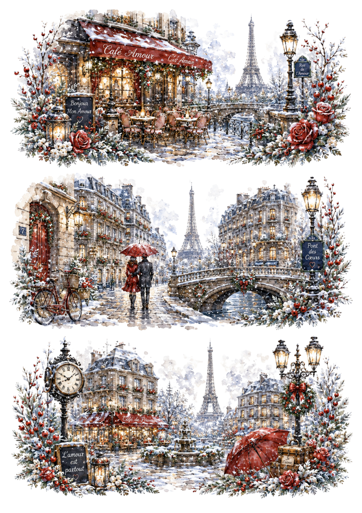 Rice Paper For Decoupage Romantic Winter Paris Watercolor Triptych Collage Cat. No. 10366