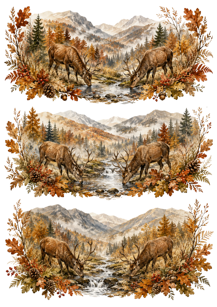 Rice Paper For Decoupage  Autumn Deer Family in the Misty Forest Collage Cat. No. 10367