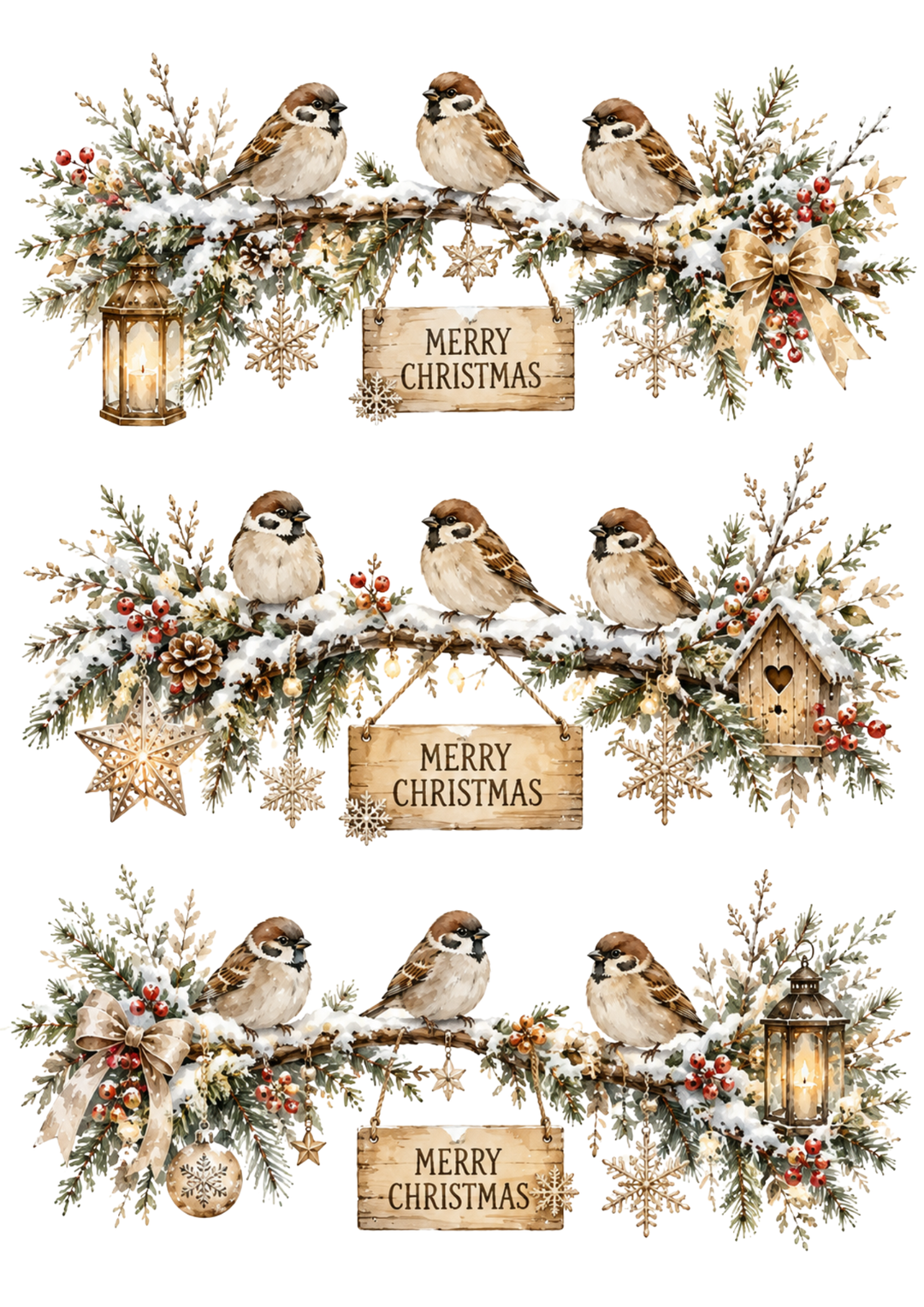 Rice Paper For Decoupage  Autumn Watercolor Christmas Garlands with Sparrows Collage Cat. No. 10368