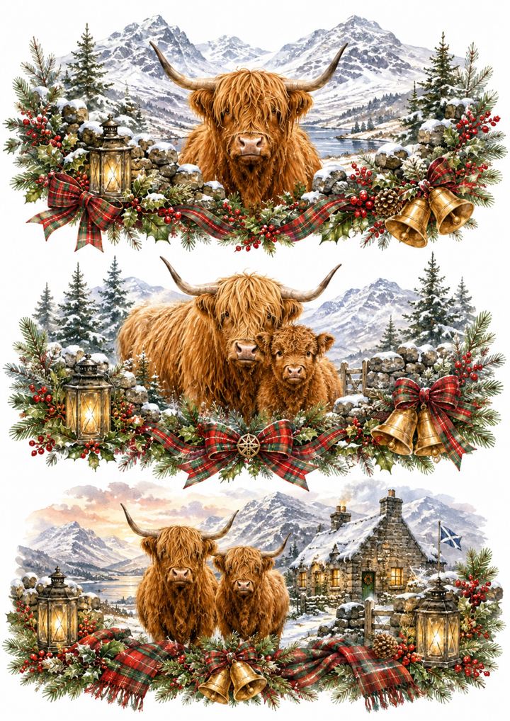 Rice Paper For Decoupage Scottish Highland Christmas Triptych   Collage Cat. No. 10369