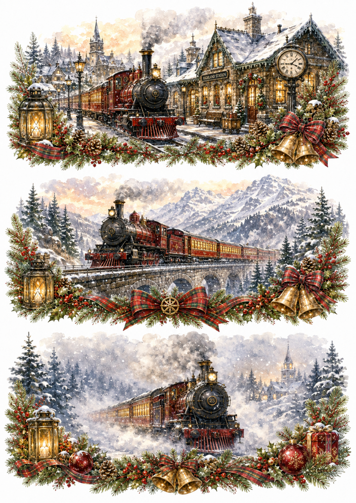 Rice Paper For Decoupage Christmas Vintage Train   Collage Cat. No. 10370