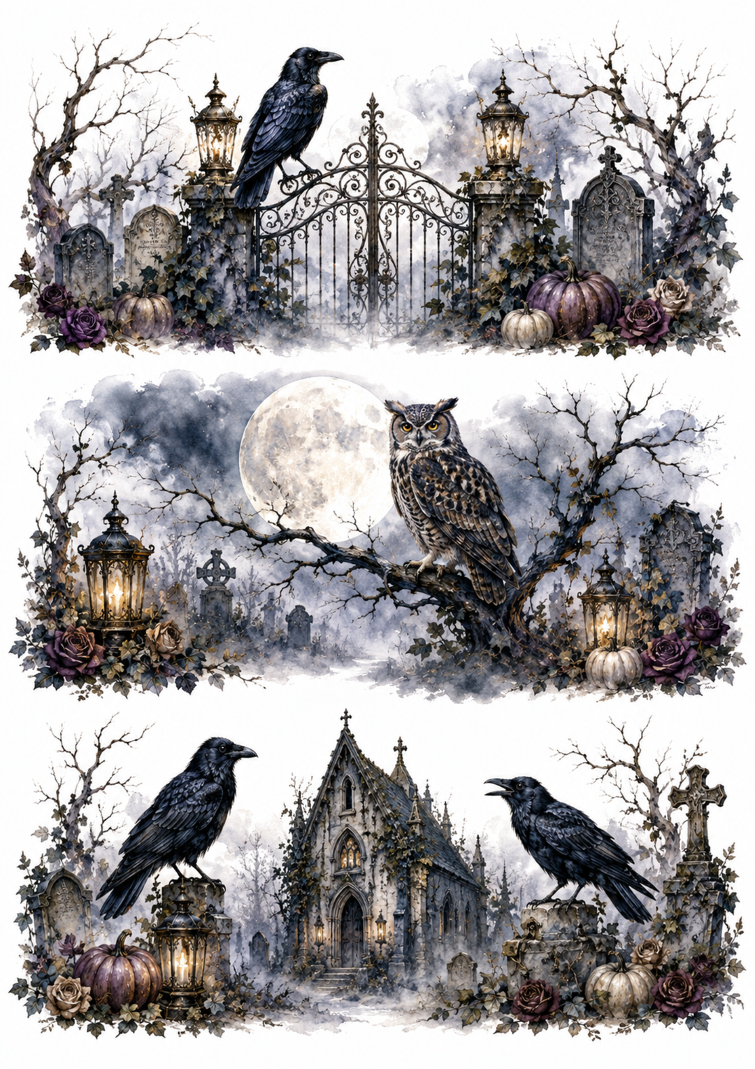 Rice Paper For Decoupage Gothic Cemetery Triptych at Moonrise Collage Cat. No. 10376