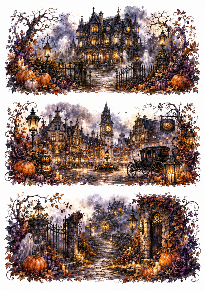 Rice Paper For Decoupage Spooky Town Collage Cat. No. 10377
