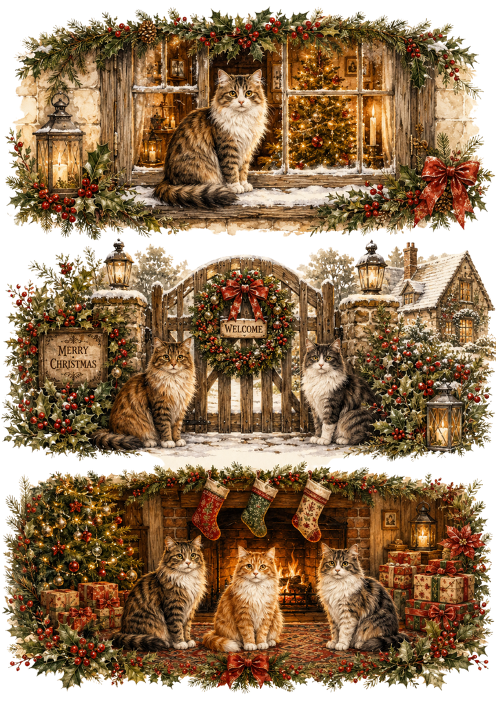 Rice Paper For Decoupage  Cozy Christmas Cats Triptych Collage Cat. No. 10378
